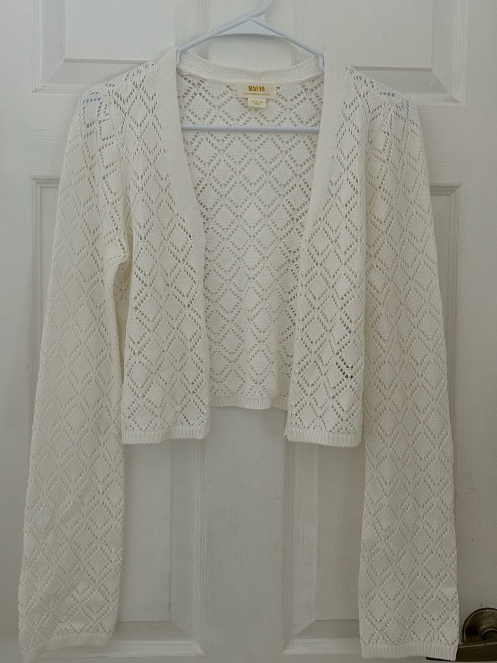Maeve Anthropologie Cream Openwork Cropped Cardigan - Diamond Eyelet Knit